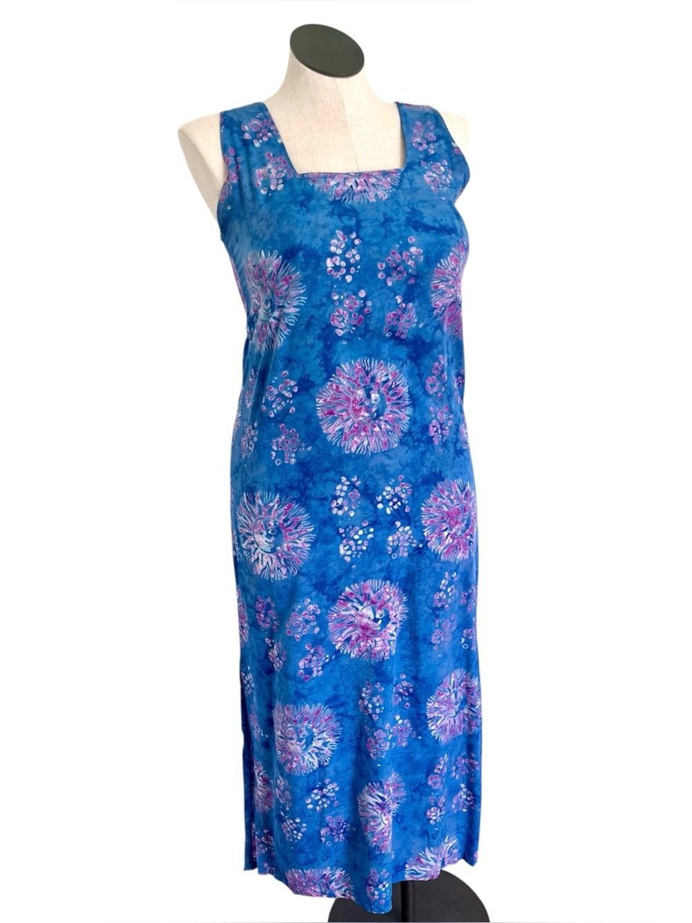 Vibrant Sun & Moon Blue and Purple Batik Dyed Hawaiian Maxi Sun Dress